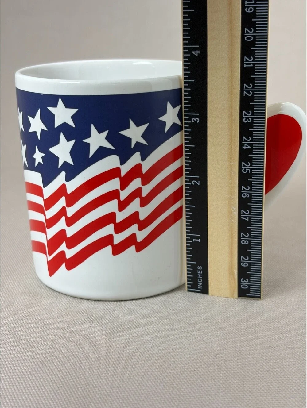Vintage American Flag Coffee Mug The Love Mug Heart Handle USA Patriotic Cup 80s